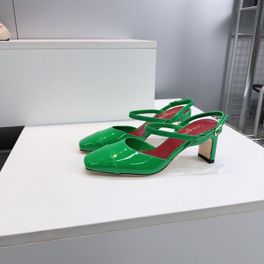 CC Block Heel Slingback Pumps 6.5cm Green Patent Calfskin Leather 842770