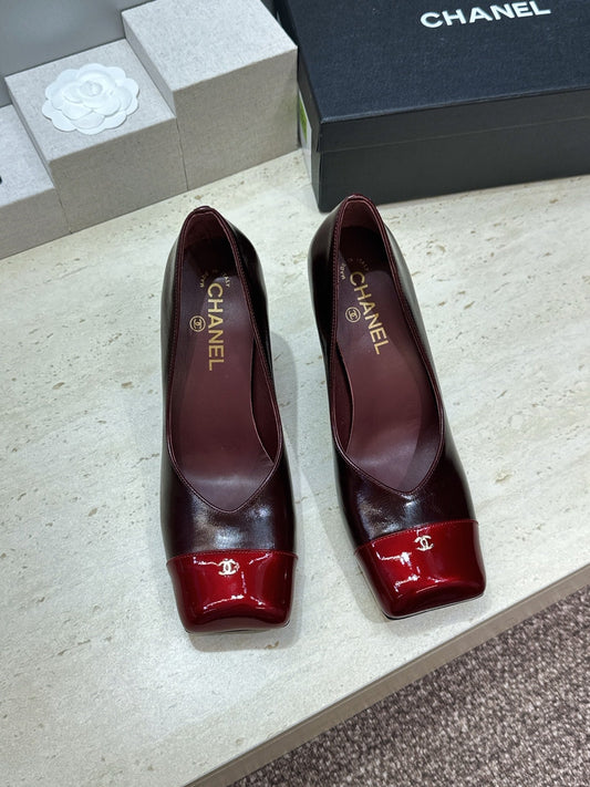 CC Square Toe Block Heel Pumps 90mm Burgundy Patent Leather 896862