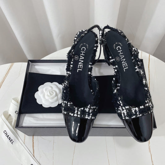 CC 26s High-Heel Slingbacks 65 Mm In Black Mix White Tweed