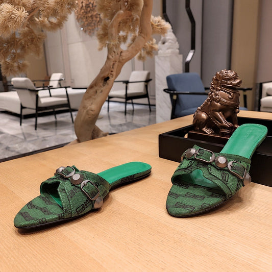 Balenciaga 26s Flat Slippers Dark Green Canvas Leather 681307