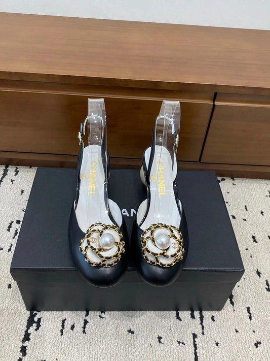 Chanel 26 Round Toe Pearl Heel 50 Shoes Black in Cowhide 729340
