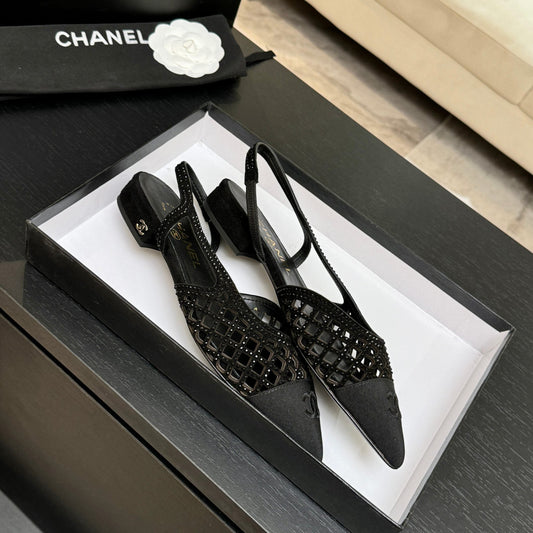 CC 26s Rhinestone Slingback Flat Shoe Black Suede Canvas 907696