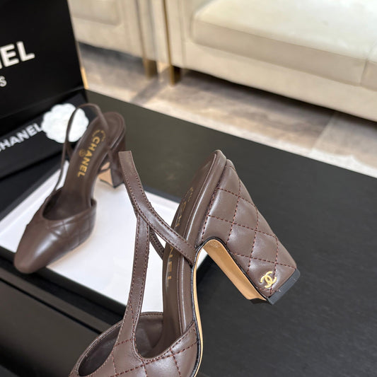 CC 26s Block Heel Slingback 9cm Coffee Quilted Lambskin 958002