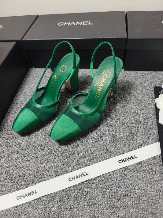 CC 26s Slingback 9.5cm Green Mesh Fabric Sheepskin 681987