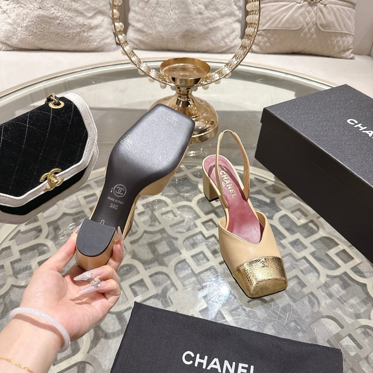 CC 26s Square-Toe High-Heeled Slingbacks 6cm Gold Beige Leather 736100
