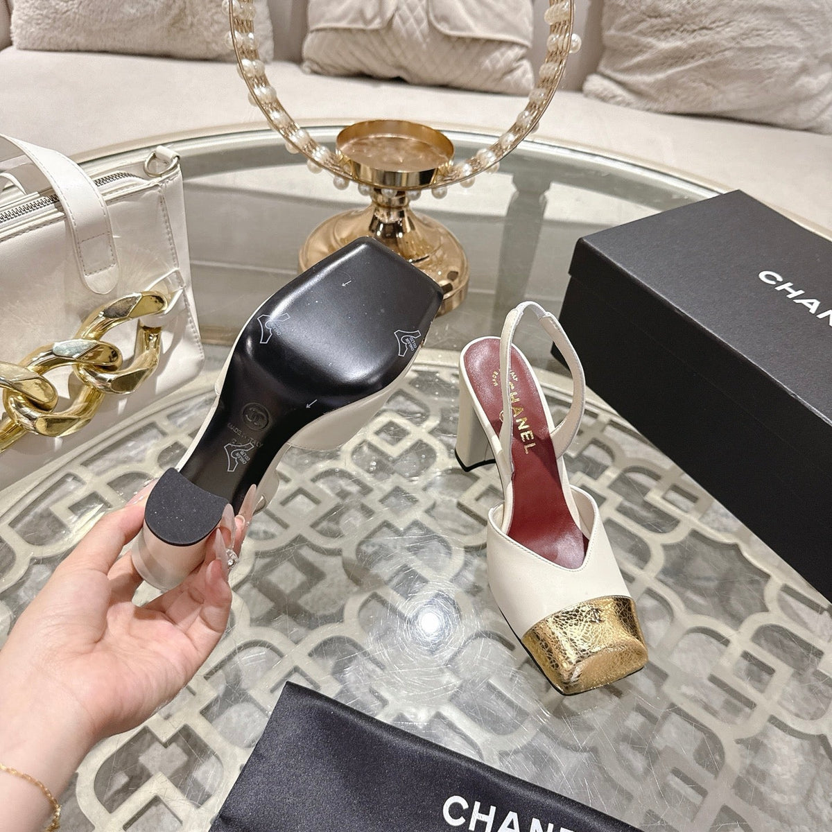 CC 26s Square-Toe High-Heeled Slingbacks 9cm White Gold Leather 736112