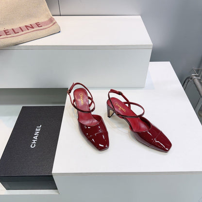CC Block Heel Slingback Pumps 6.5cm Burgundy Patent Calfskin Leather 842768
