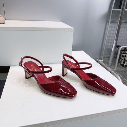 CC Block Heel Slingback Pumps 6.5cm Burgundy Patent Calfskin Leather 842768