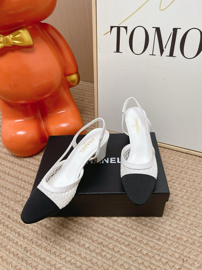 CC Slingback Pumps White Black Mesh Fabric 854589