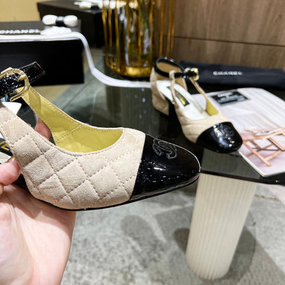 CC Square Toe Mary Jane Pumps Black Beige Suede Leather 875286