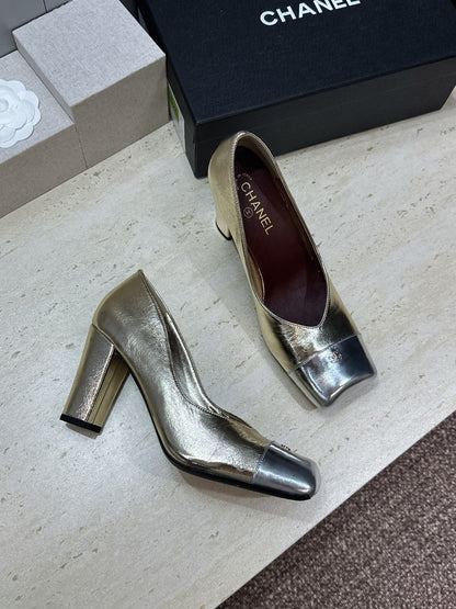 CC Square Toe Block Heel Pumps 90mm Gold Metallic Patent Leather 896864
