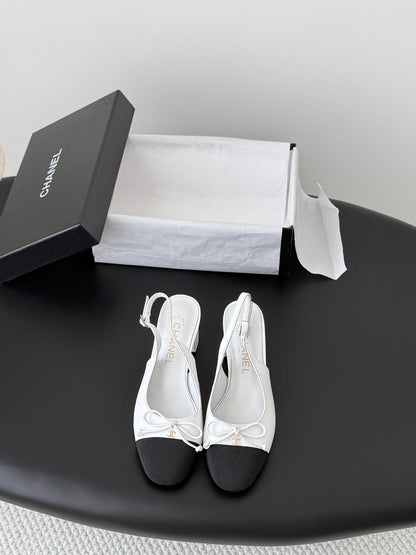 CC Square Toe Slingback Pumps Black White Leather 915053