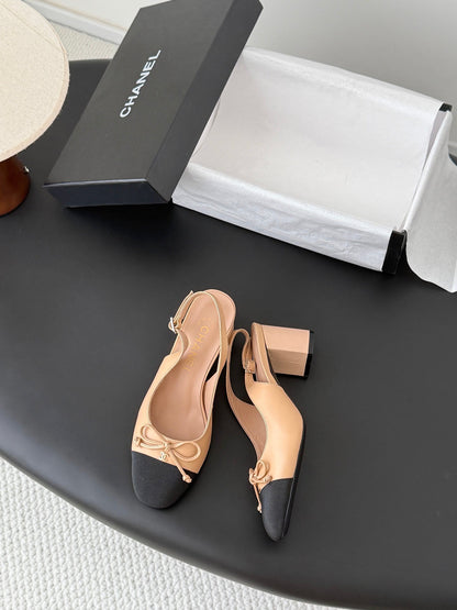 CC Square Toe Slingback Pumps Black Beige Leather 915052