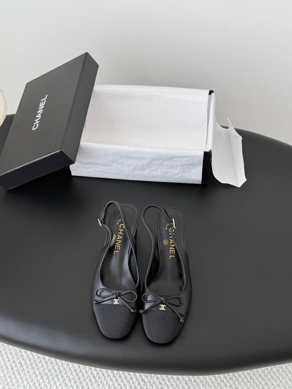 CC Square Toe Slingback Pumps Black Leather 915051