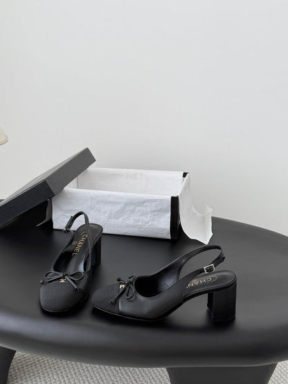 CC Square Toe Slingback Pumps Black Leather 915051