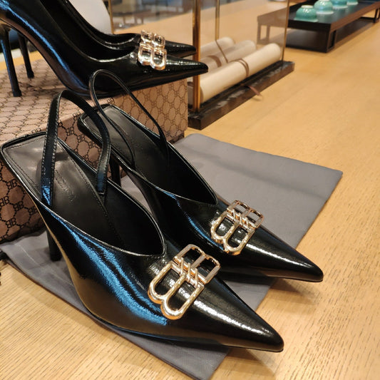 Balenciaga 26s High Heel 100 Black Patent Leather Gold Logo 681183