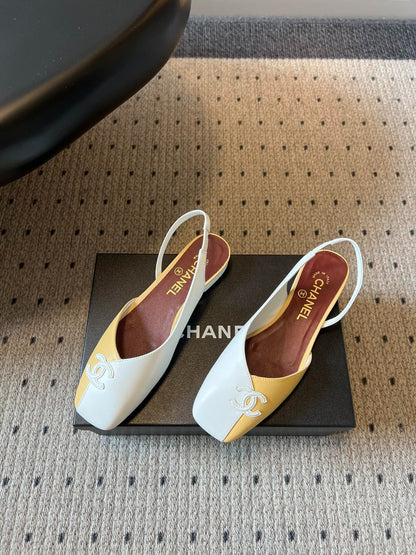 Chanel 26SS Color-Blocked Slingback Yellow White in Lambskin 708084