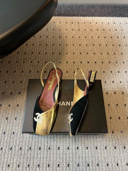 Chanel 26SS Color-Blocked Slingback Gold Black in Lambskin 708083
