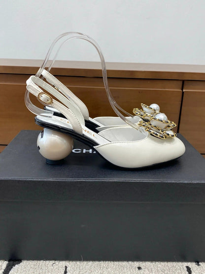 Chanel 26 Round Toe Pearl Heel 50 Shoes White in Cowhide 729341