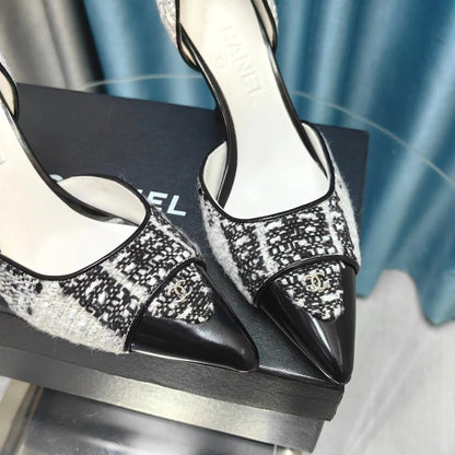 Chanel Pointed Toe Vintage High Heels 70mm Black White in Coarse wool fabric 712466