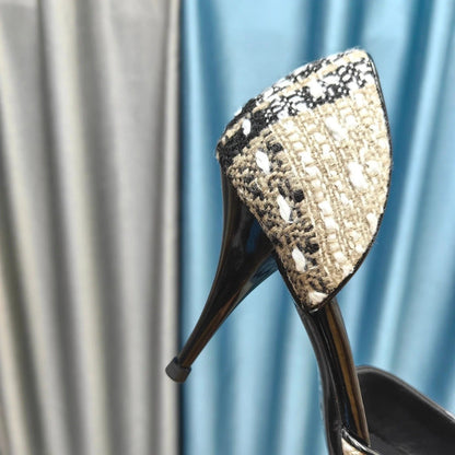Chanel Pointed Toe Vintage High Heels 70mm Beige Black in Coarse wool fabric 712465