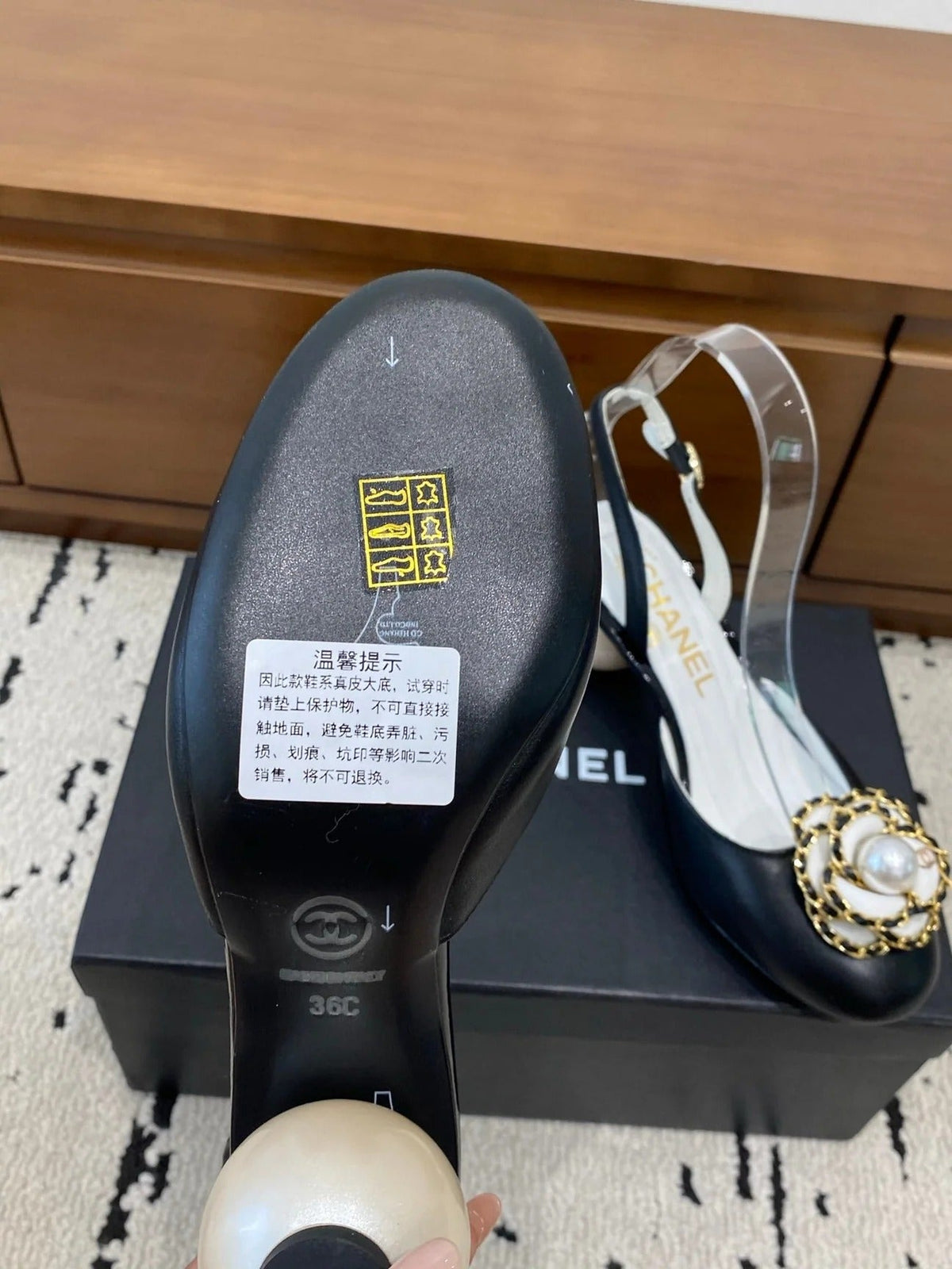 Chanel 26 Round Toe Pearl Heel 50 Shoes Black in Cowhide 729340