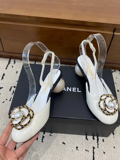 Chanel 26 Round Toe Pearl Heel 50 Shoes White in Cowhide 729341