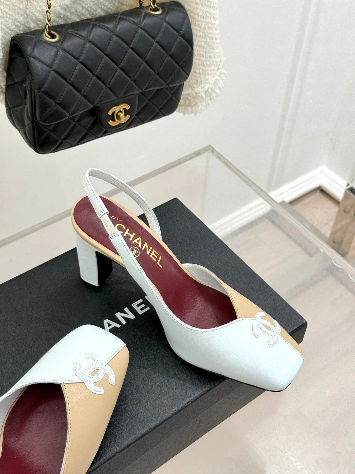 Chanel 26S Slingback 85mm Beige White in Cowhide 706355