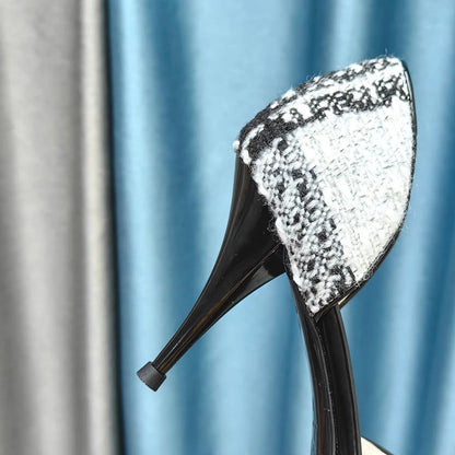 Chanel Pointed Toe Vintage High Heels 70mm Black White in Coarse wool fabric 712466
