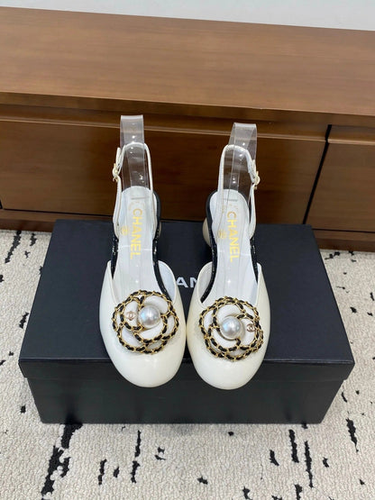 Chanel 26 Round Toe Pearl Heel 50 Shoes White in Cowhide 729341