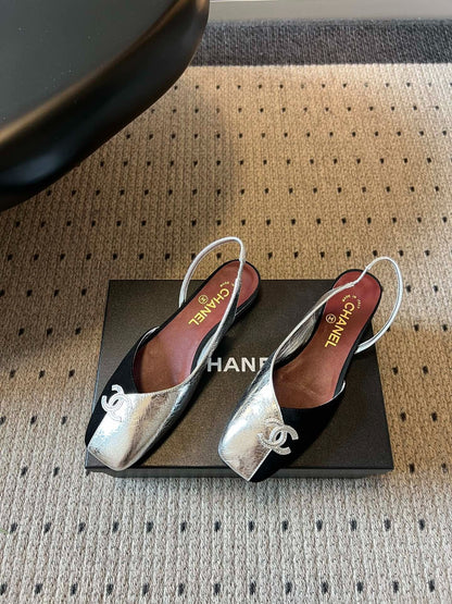 Chanel 26SS Color-Blocked Slingback Silver Black in Lambskin 708085