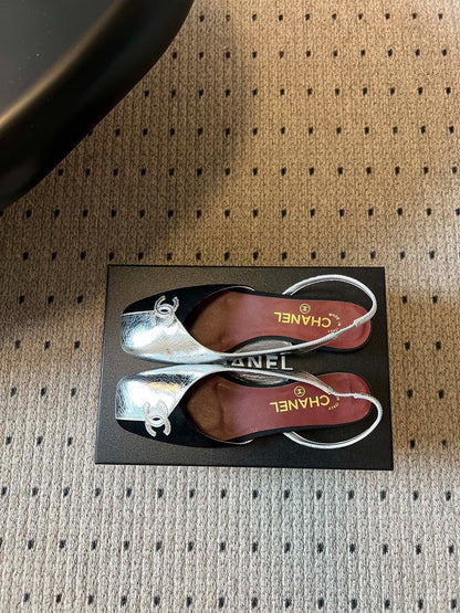 Chanel 26SS Color-Blocked Slingback Silver Black in Lambskin 708085