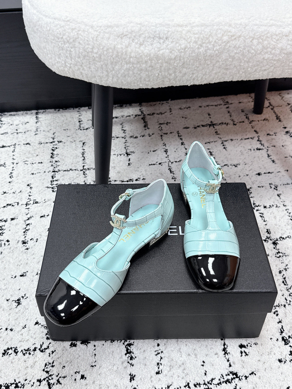 CC SS26 Mary Jane T Strap Black Blue Crocodile Embossed Patent Calfskin 679020