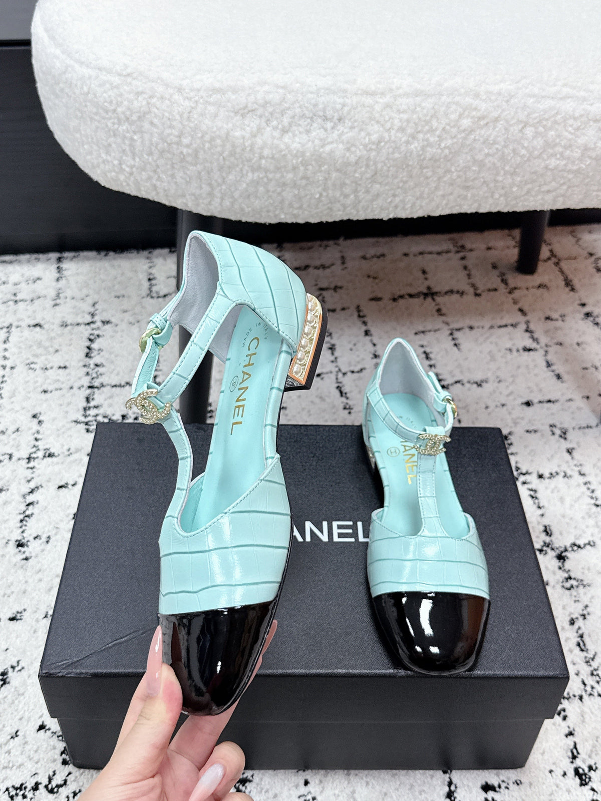 CC SS26 Mary Jane T Strap Black Blue Crocodile Embossed Patent Calfskin 679020