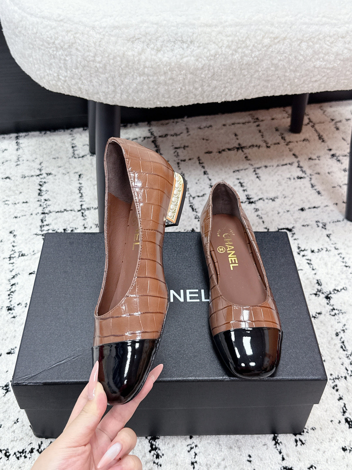 CC SS26 Ballet Flat Black Brown Crocodile Embossed Patent Calfskin 679026