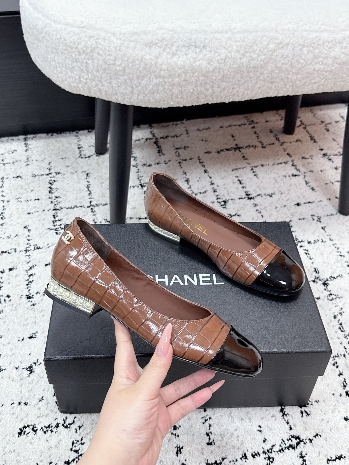 CC SS26 Ballet Flat Black Brown Crocodile Embossed Patent Calfskin 679026