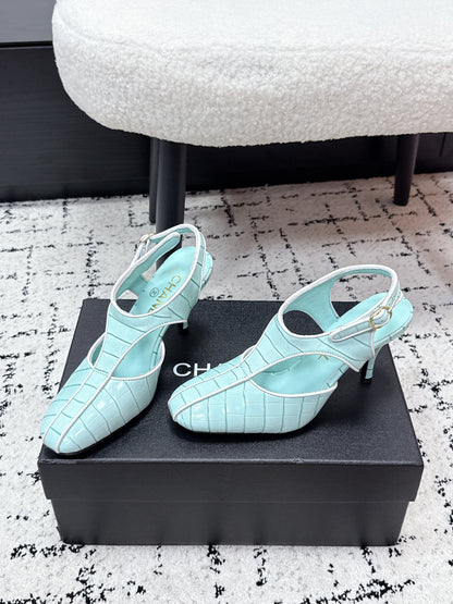 CC SS26 Slingbacks 9.5cm Blue White Crocodile Embossed Patent Calfskin 679033