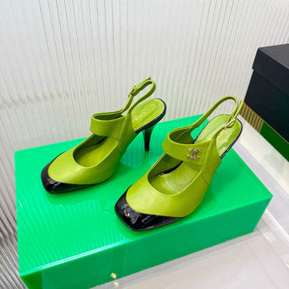 CC 26s Slingback 8.5cm Black Green Lambskin Patent Leather 924362