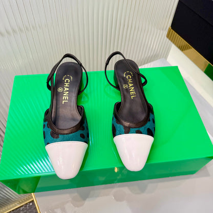 CC Slingback Flat White Teal Green Leopard-Print Leather 923833