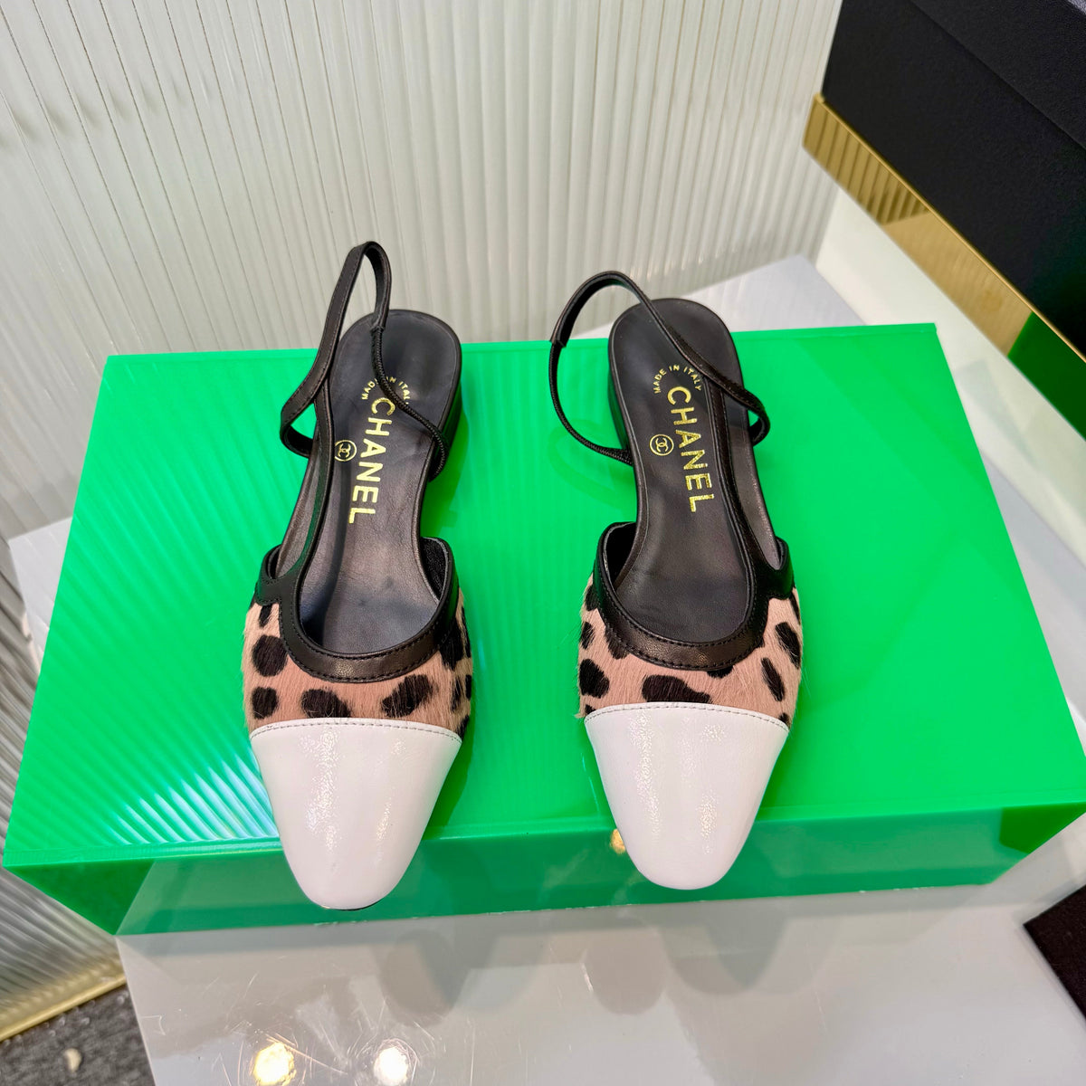CC Slingback Flat White Muted Pink Leopard-Print Leather 923834