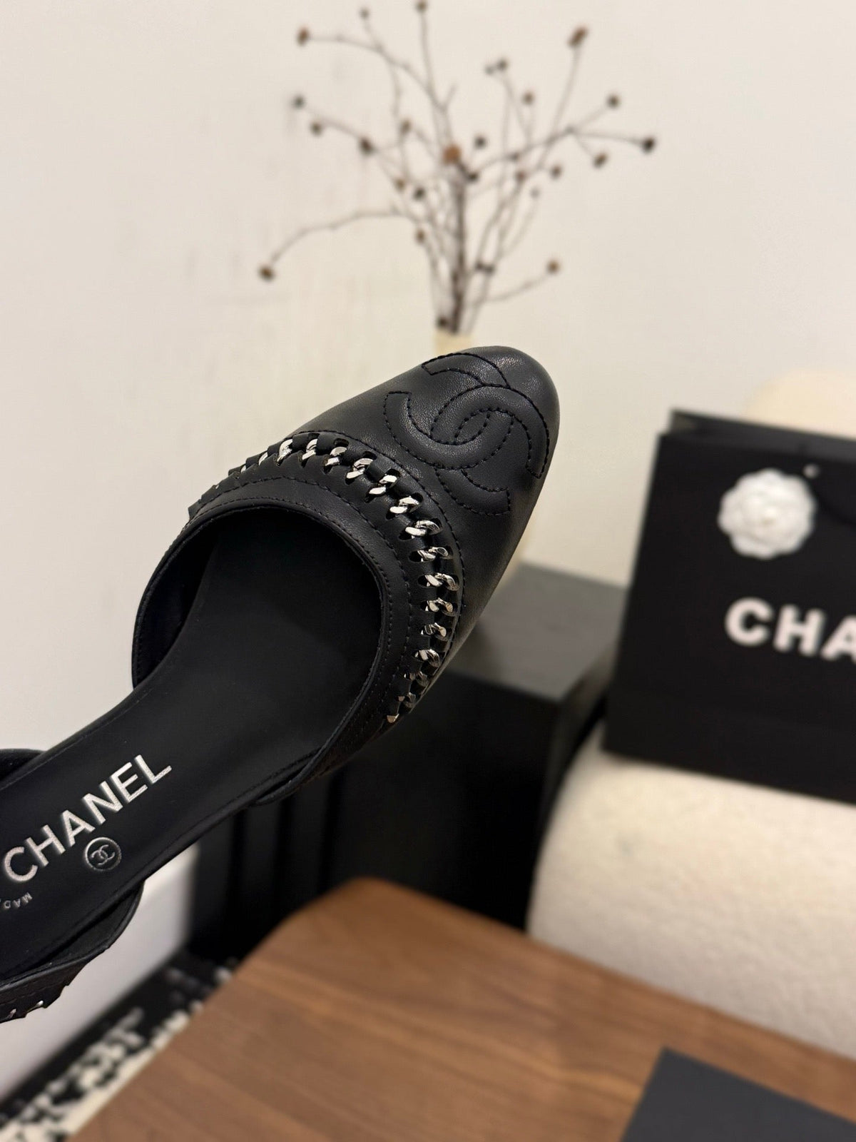 CC 2026 SlingBack Flat Braided Chain Black Calfskin 676191