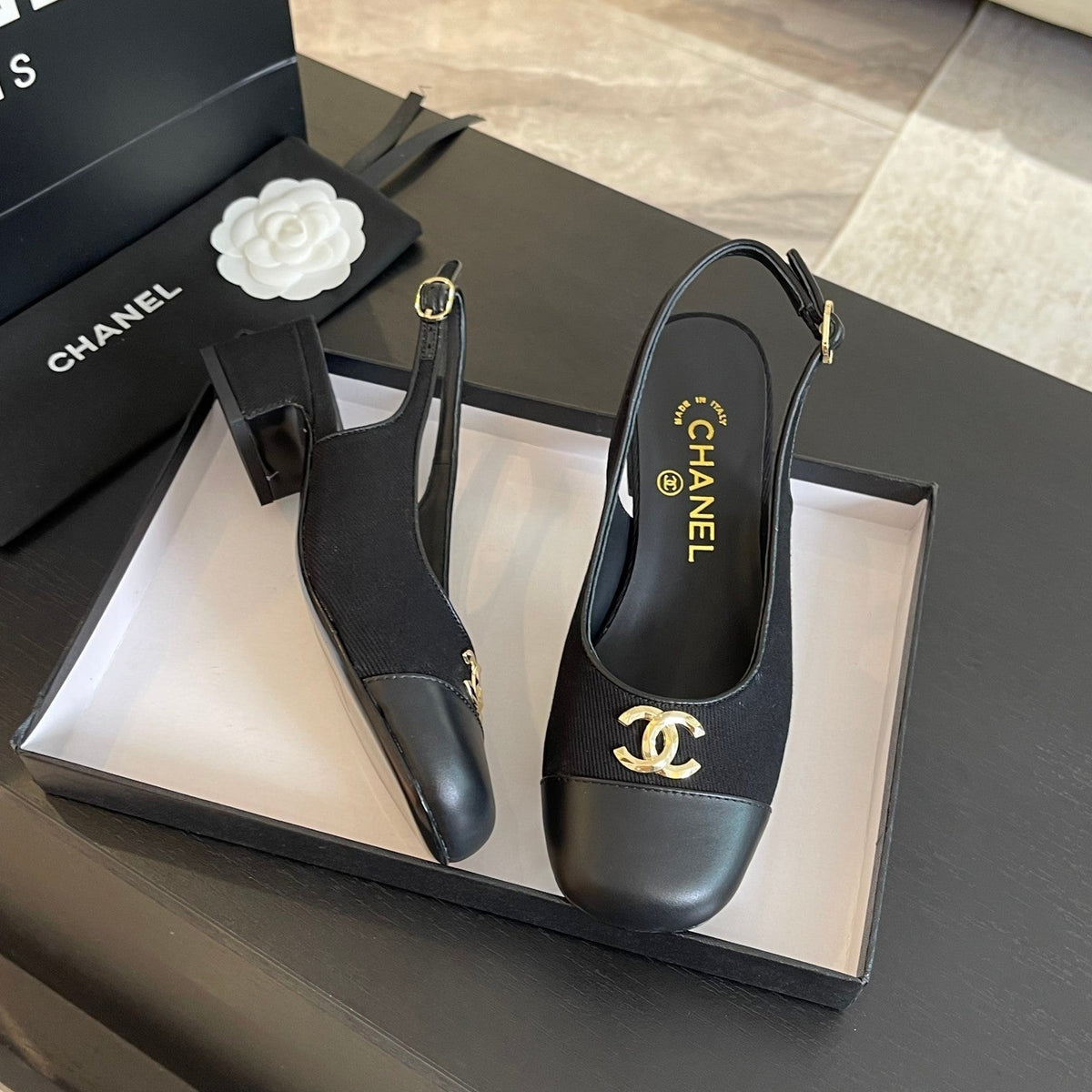 cc slingback 50 black grosgrain calfskin