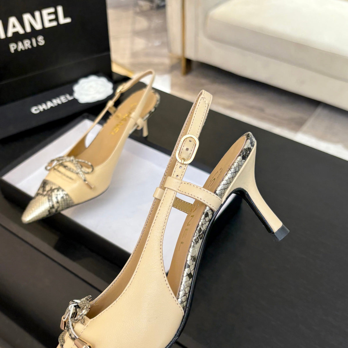 HIGH HEEL SLINGBACKS 65 MM IN FLAX YELLOW WITH SNAKESKIN PATTERN LAMBSKIN