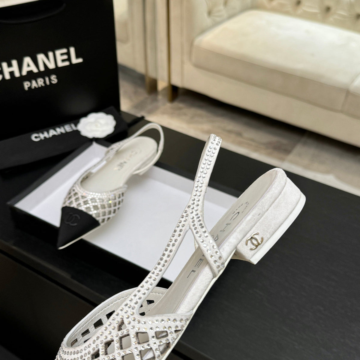 CC 26s Rhinestone Slingback Flat Shoe White Black Suede Canvas 907698
