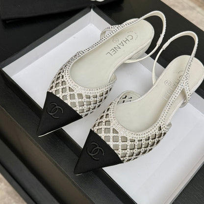 CC 26s Rhinestone Slingback Flat Shoe White Black Suede Canvas 907698