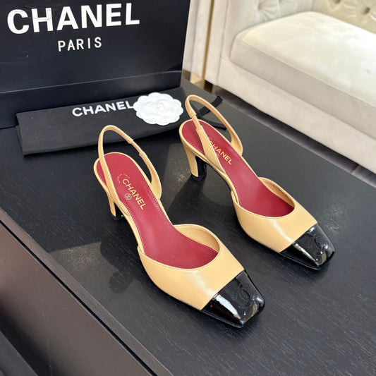 CC 26s Square Cap Toe Slingback 7cm Black Beige Lambskin Patent Leather 958027