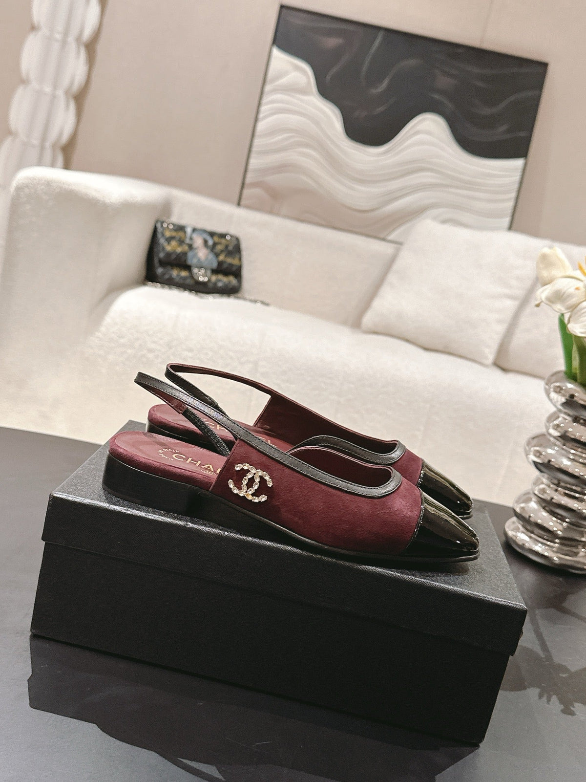 cc 2024k slingback 30mm burgundy suede black pattern calfskin 237502