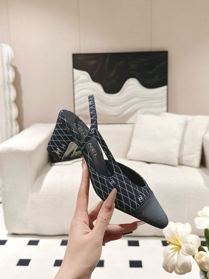 cc 25c slingback 55mm cross line pattern dark blue denim 237488