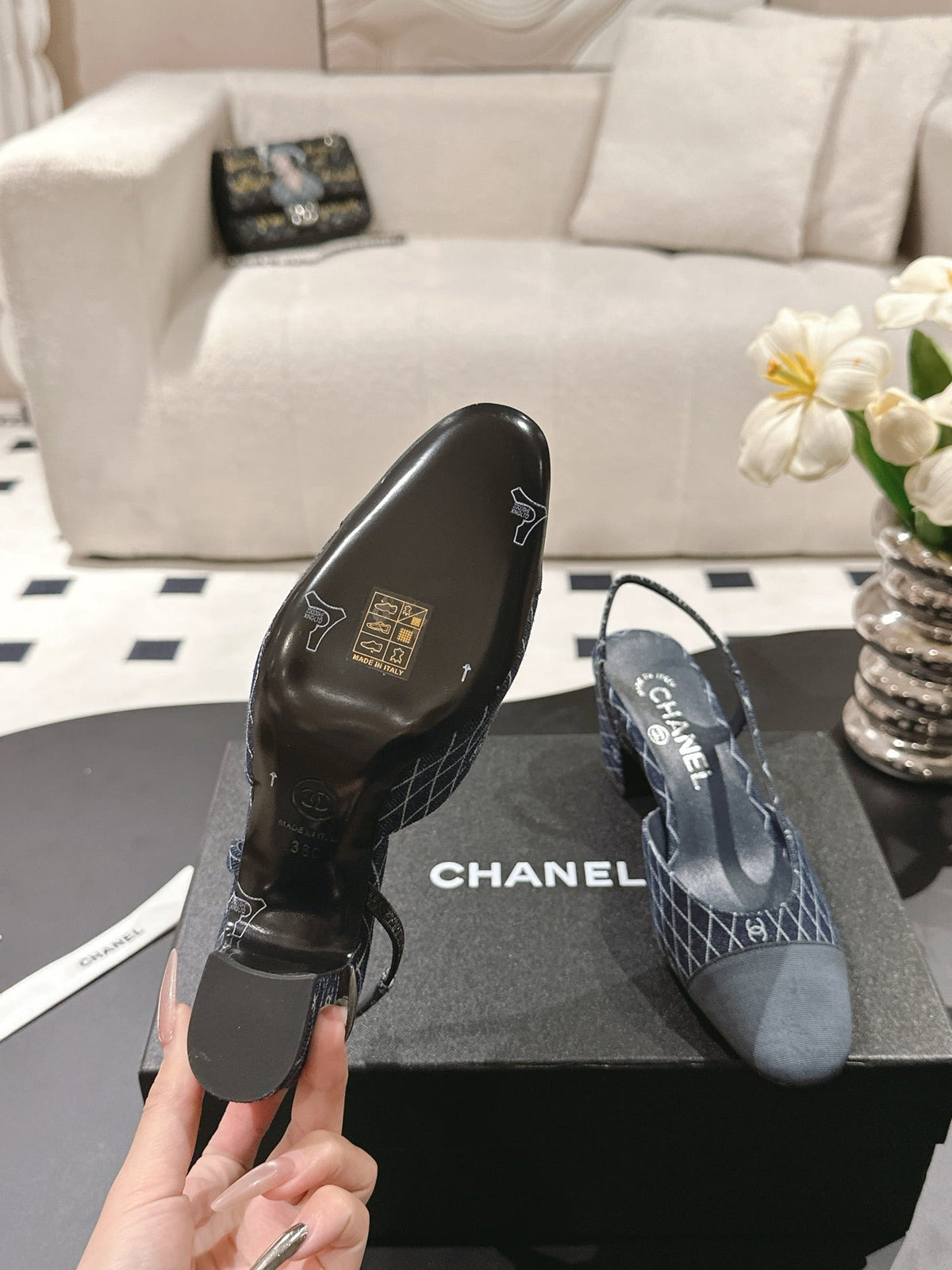 cc 25c slingback 55mm cross line pattern dark blue denim 237488