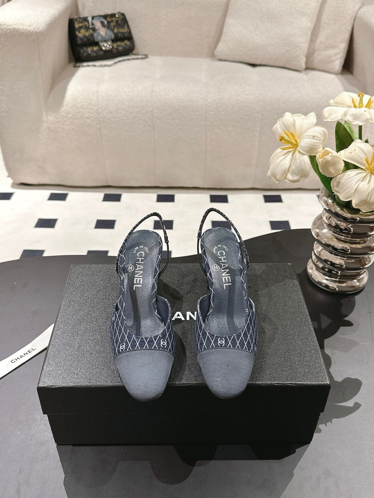 cc 25c slingback 55mm cross line pattern dark blue denim 237488